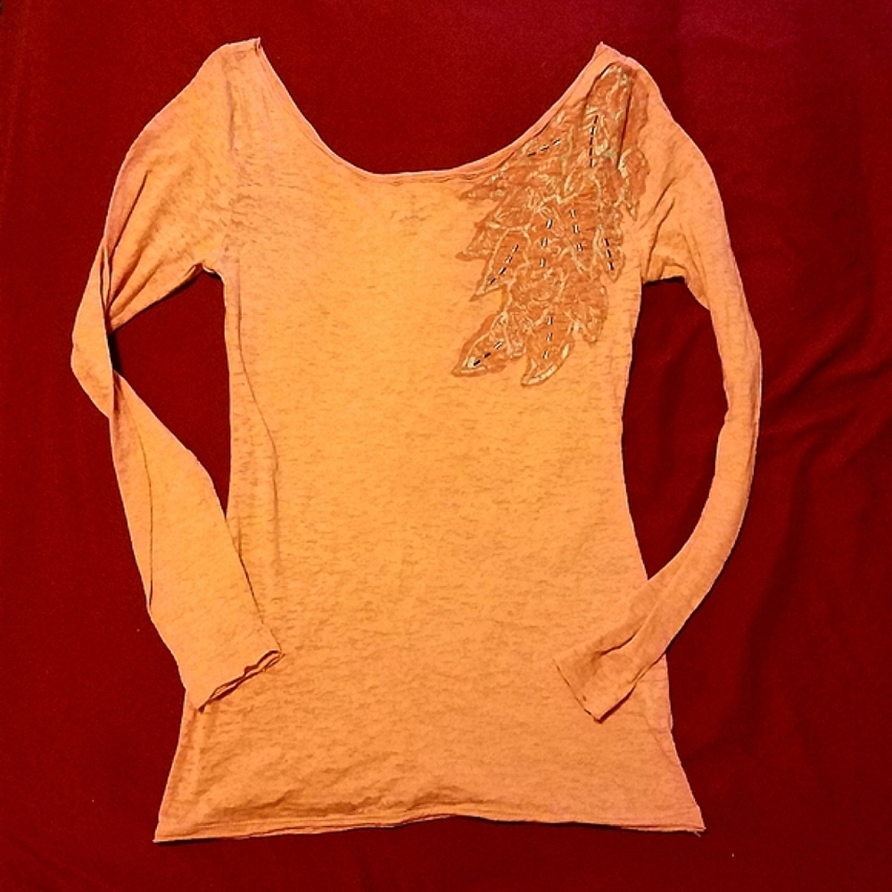 MUDD Vintage Y2K Orange Sheer Long Sleeve Top Beaded Leaf Embellished Medium